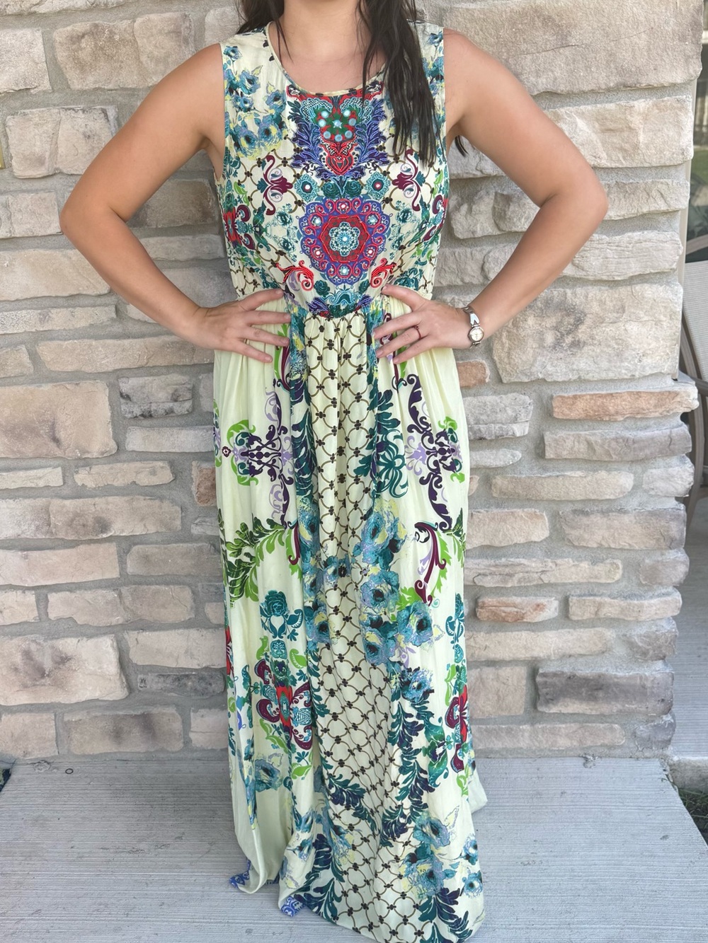 HEMANT & NANDITA Light Green Sleeveless Floral Medallion Maxi Dress